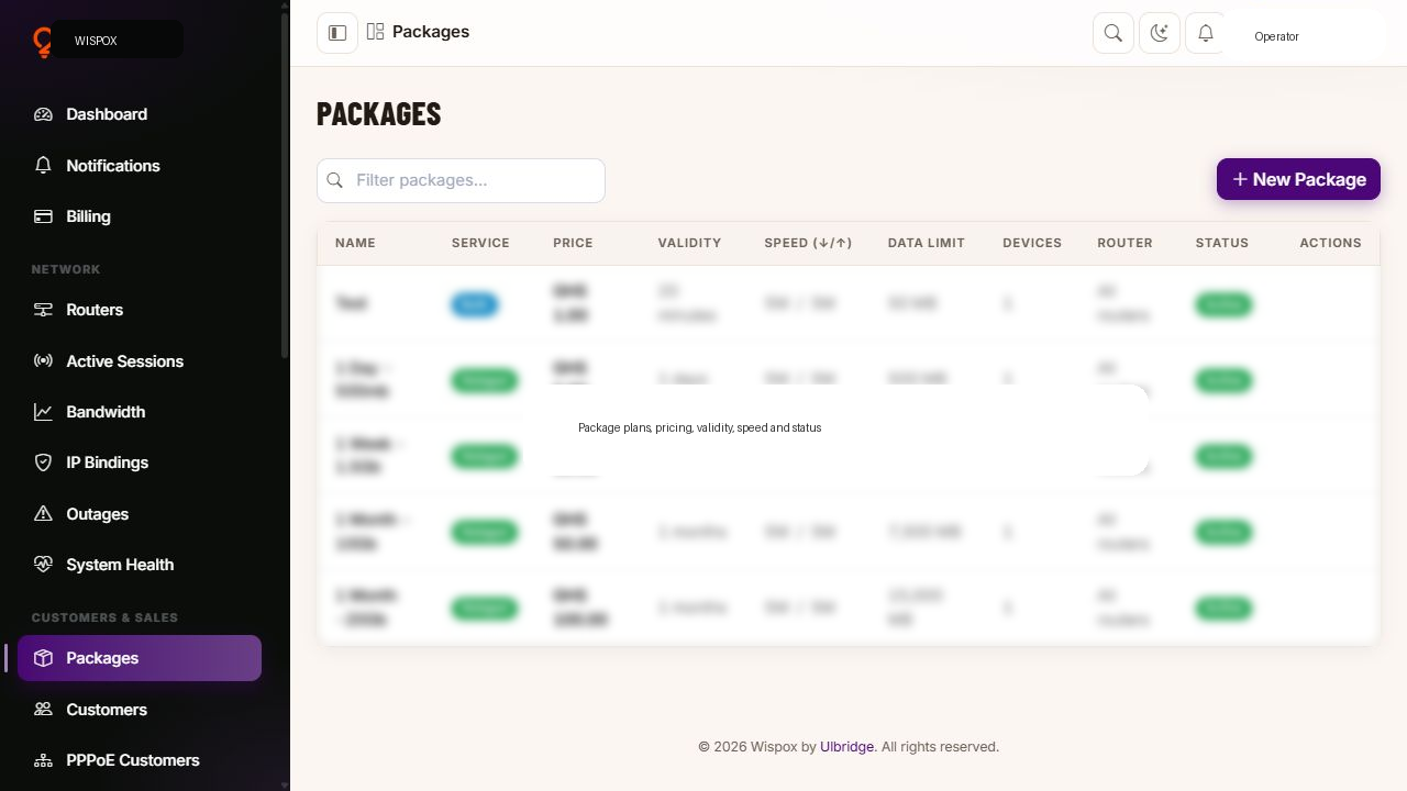 WISPOX packages list with price, validity and speed