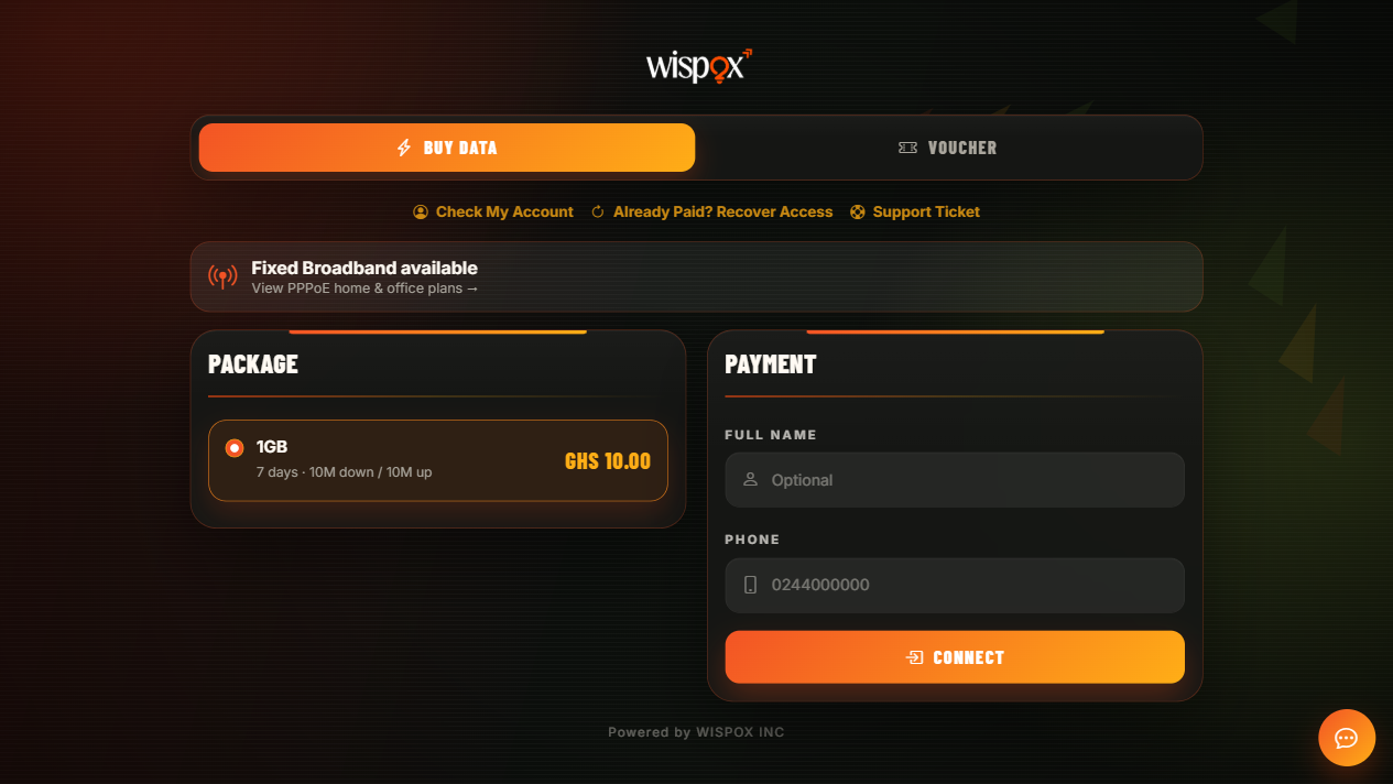WISPOX customer portal for buying data or redeeming a voucher